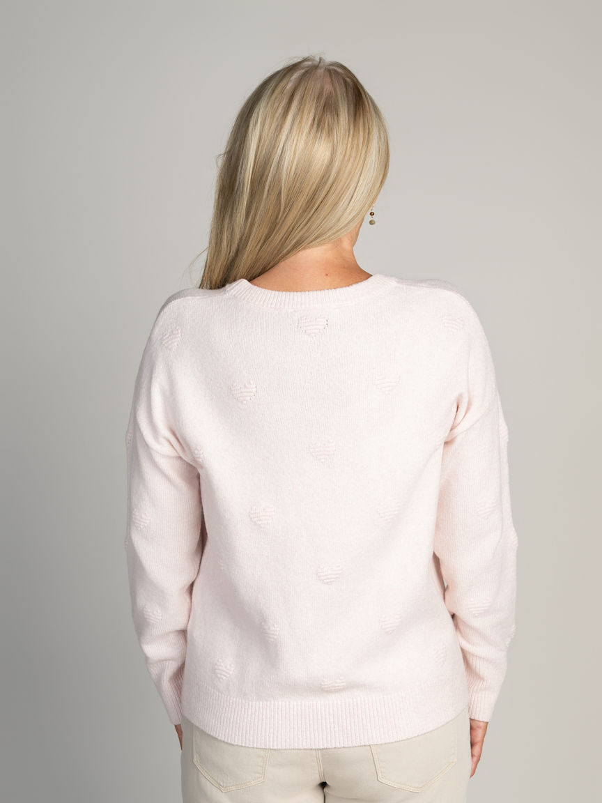 Crew Neck Sweater With Textured Hearts