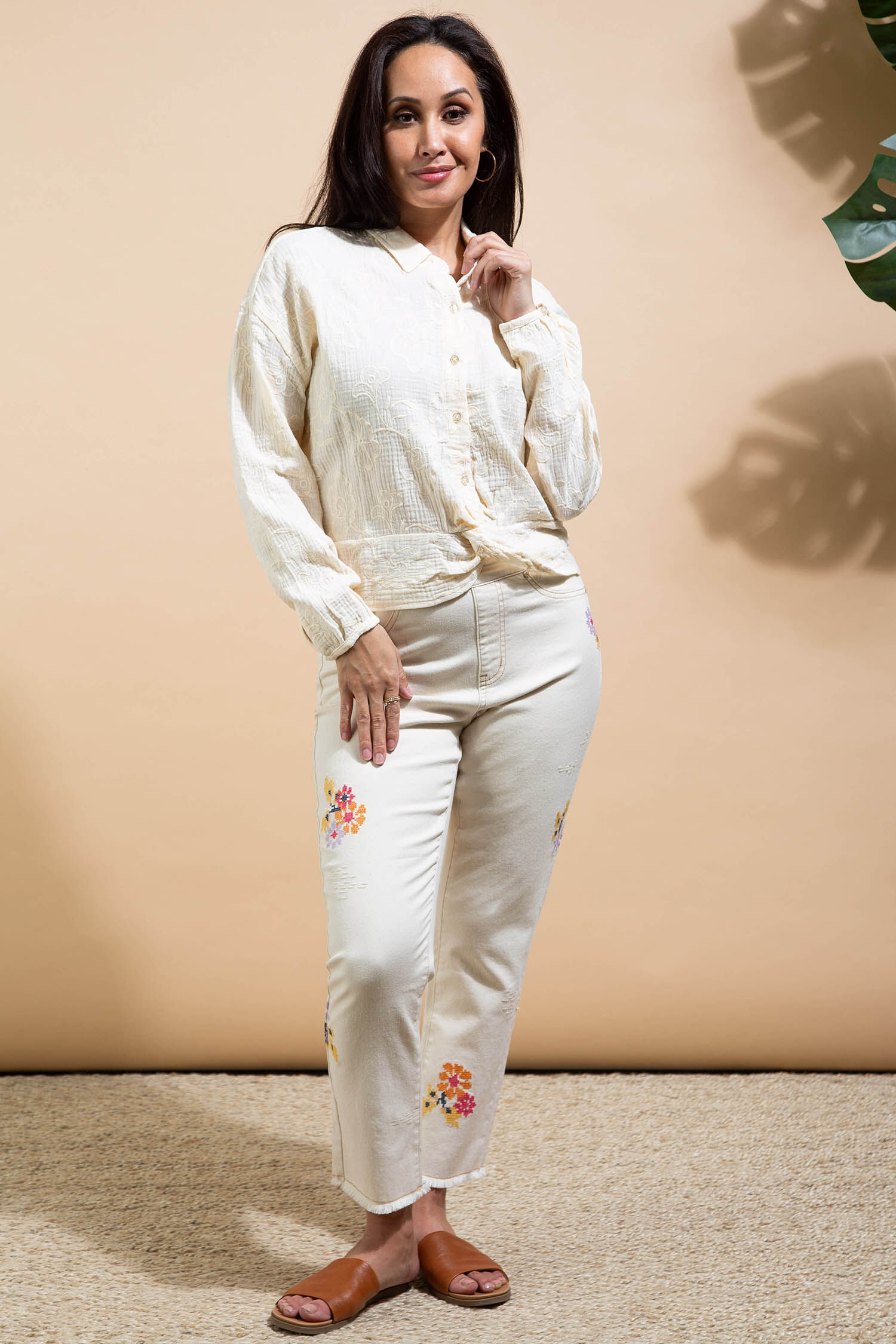 Embroidered Long Sleeve Blouse w/ Faux Knot Image 1