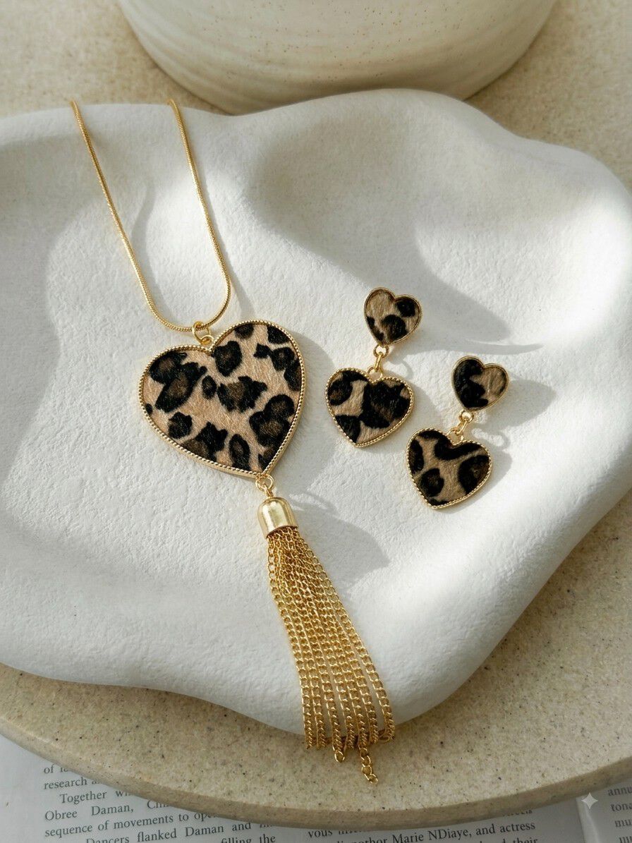 Leopard Print Necklace and Earring Set Image 1