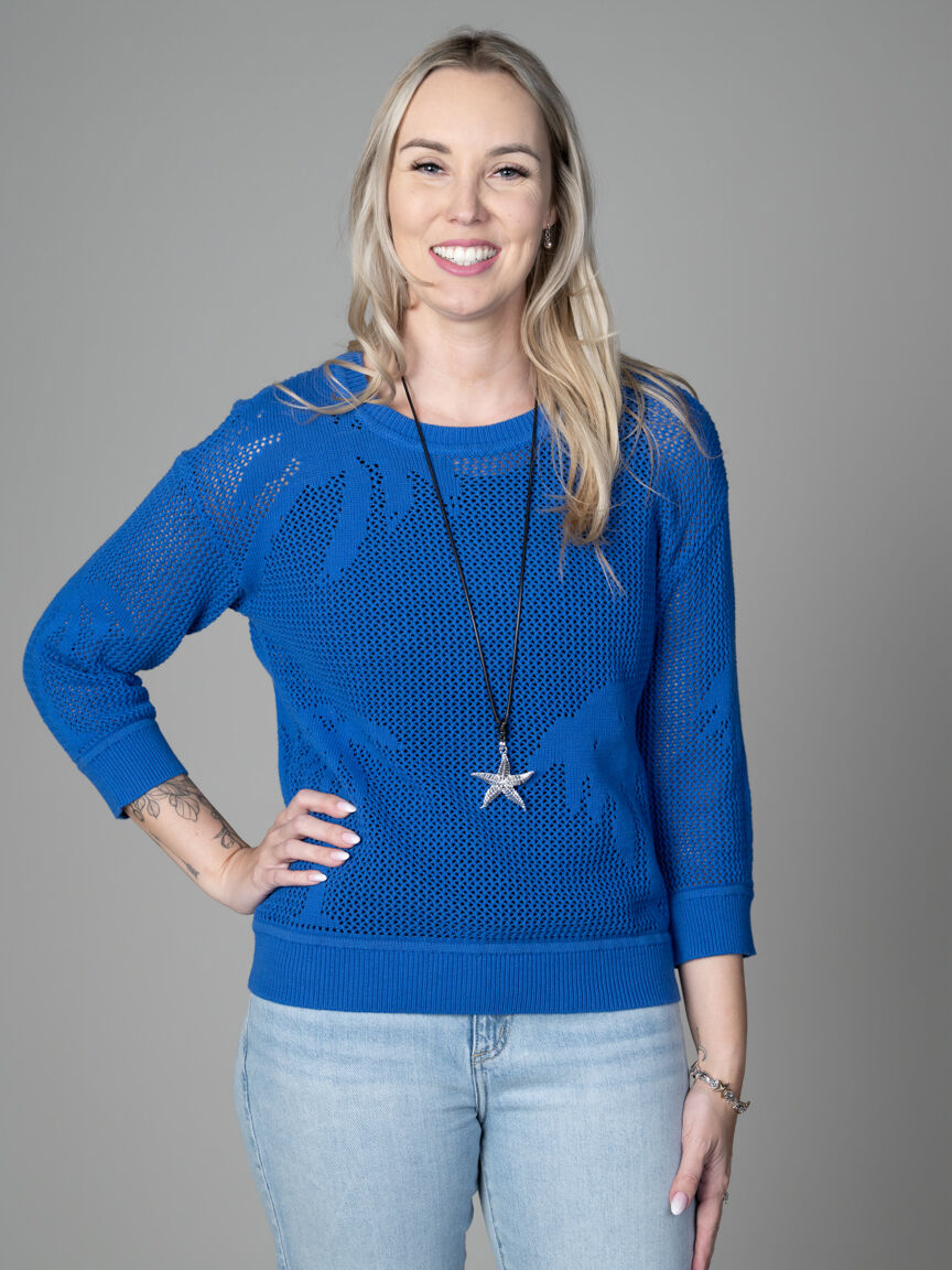 3/4 Sleeve Mesh Knit Crew Neck Sweater 