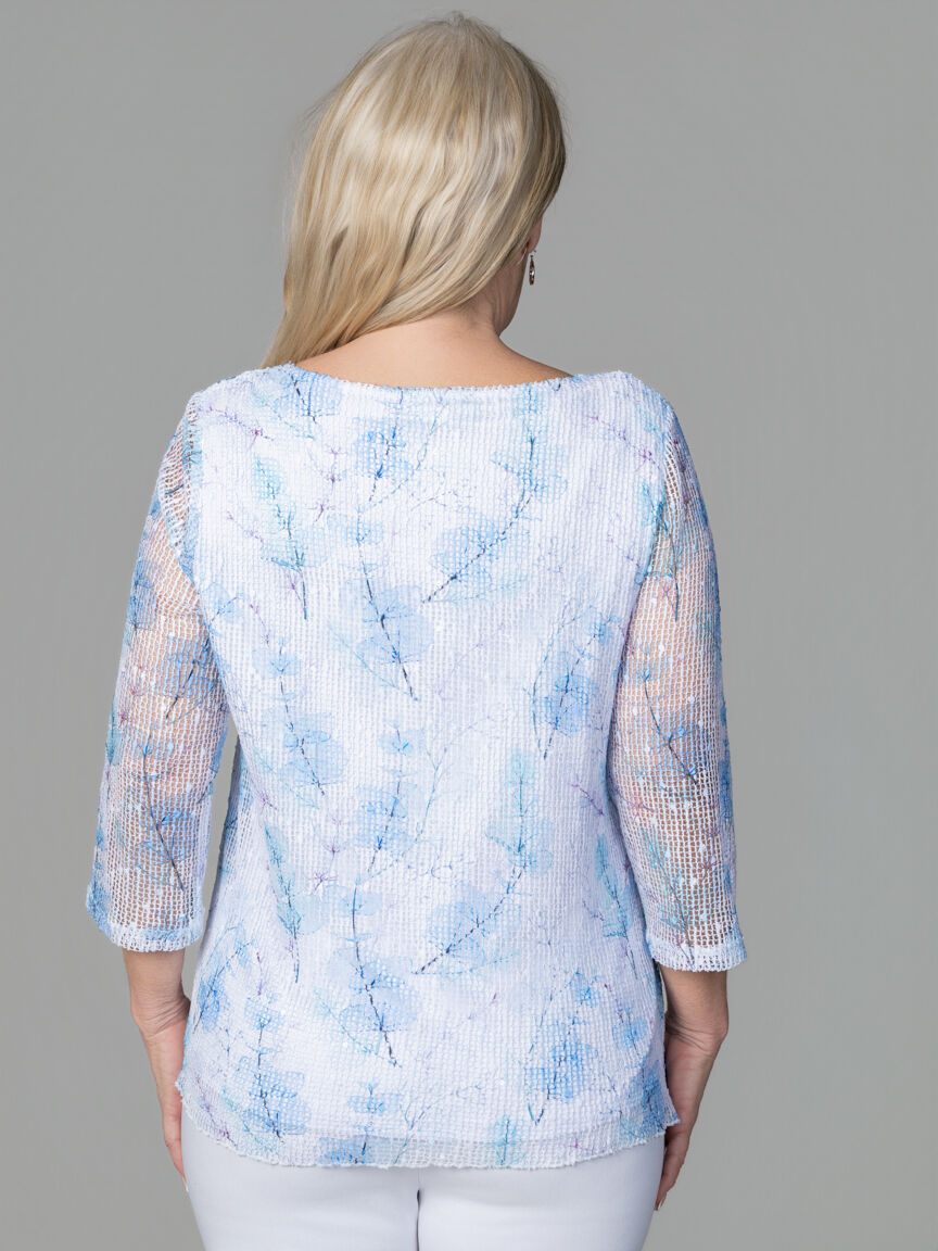 3/4 Sleeve Mesh Overlay Top