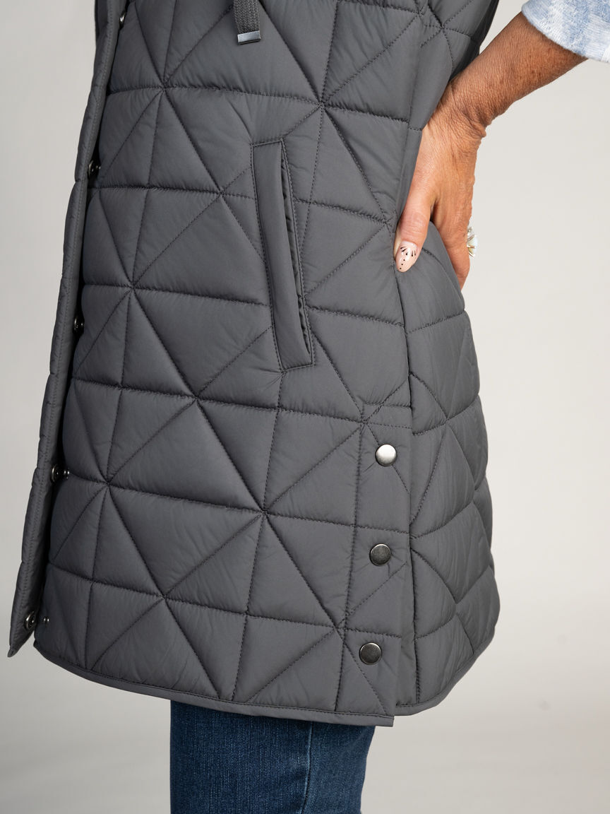 Grey Geometric Quilted Puffer Vest with Hood