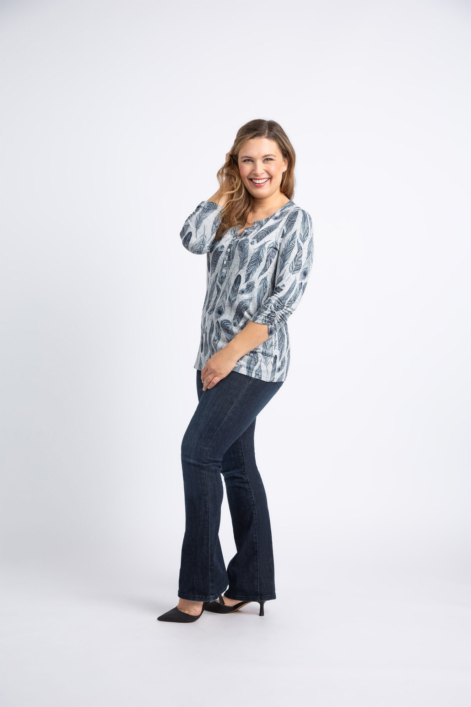 3/4 Sleeve Henley Neck Feather Top  Image 1