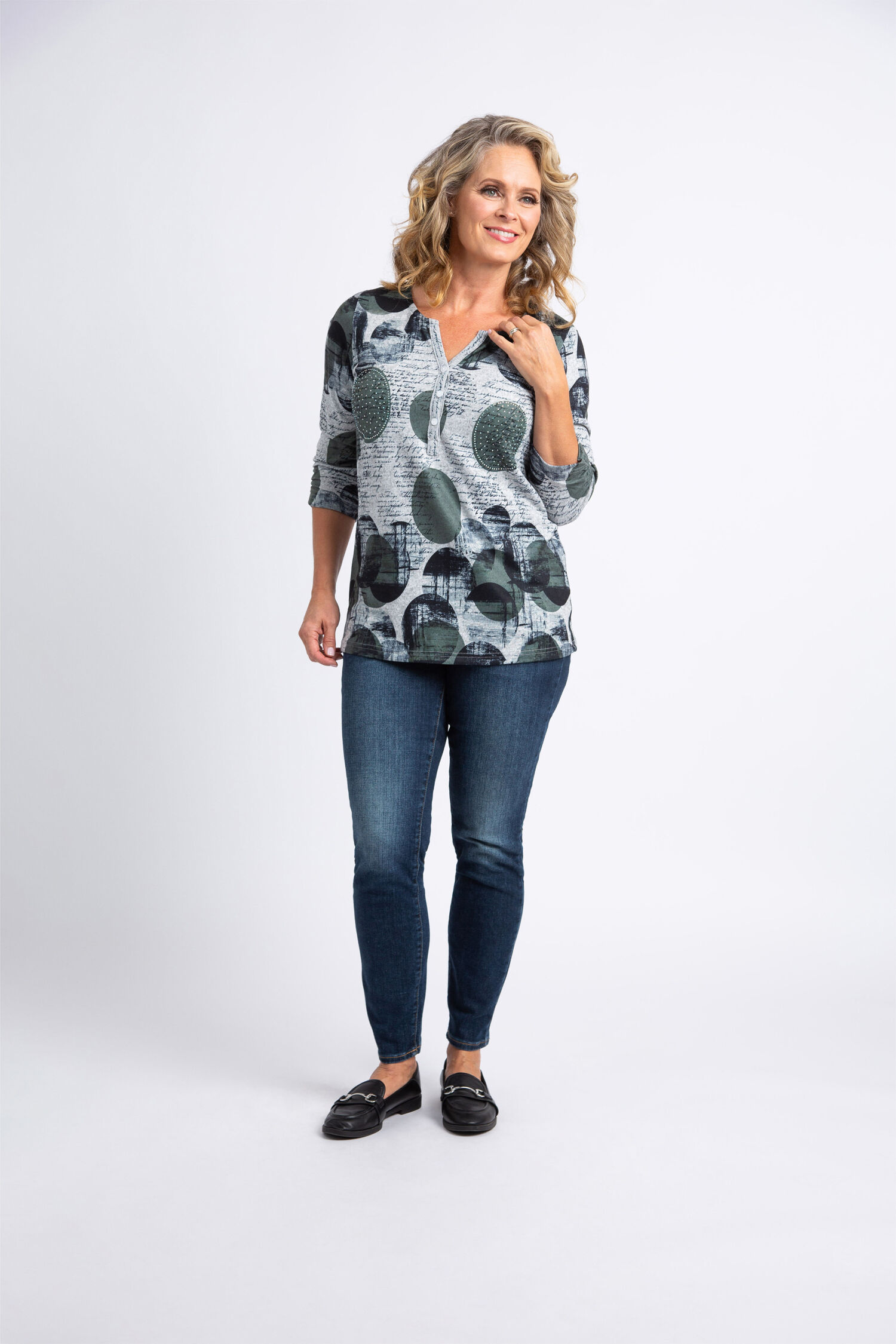 &frac34; Sleeve Henley Neck Top  Image 1