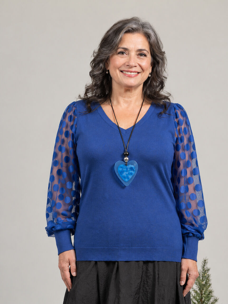 Black V-Neck Sweater w/ Sheer Polka Dot Sleeves