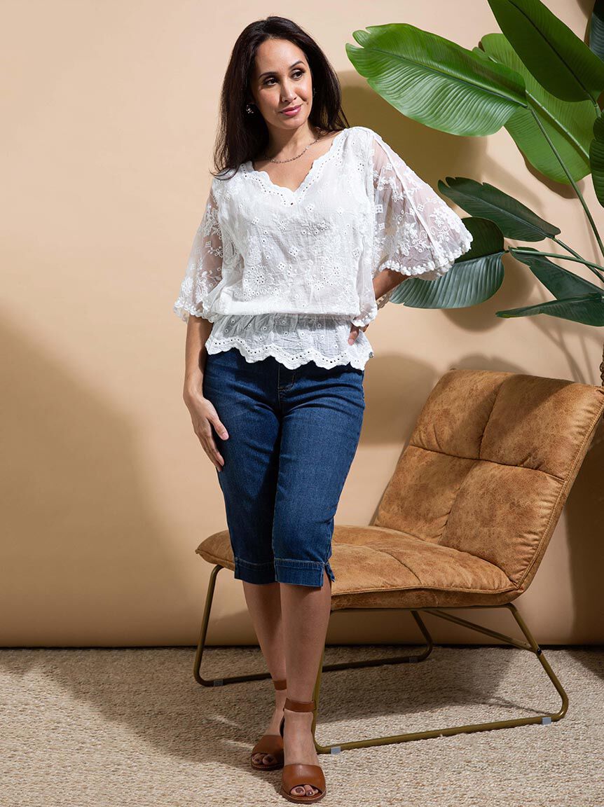 Cape Sleeve Cropped Eyelet Top Image 1