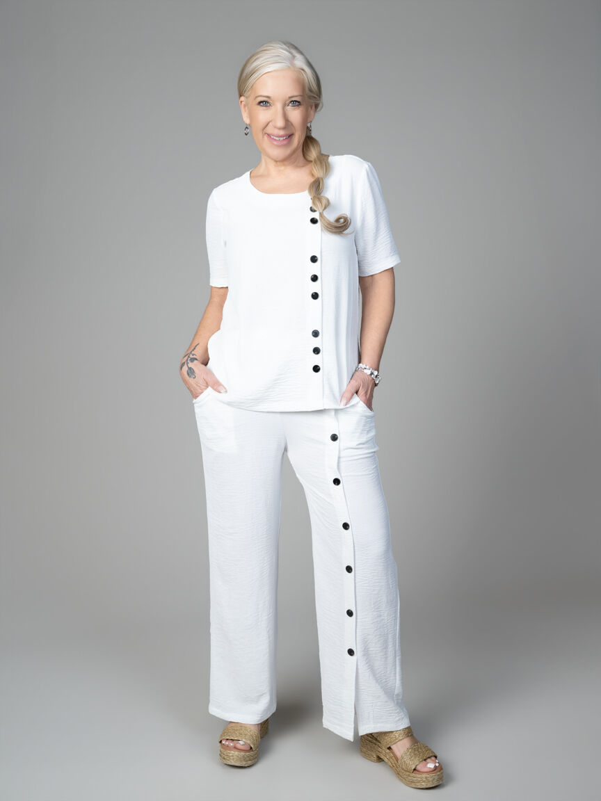 Crinkle Short Sleeve Top With Button Detail