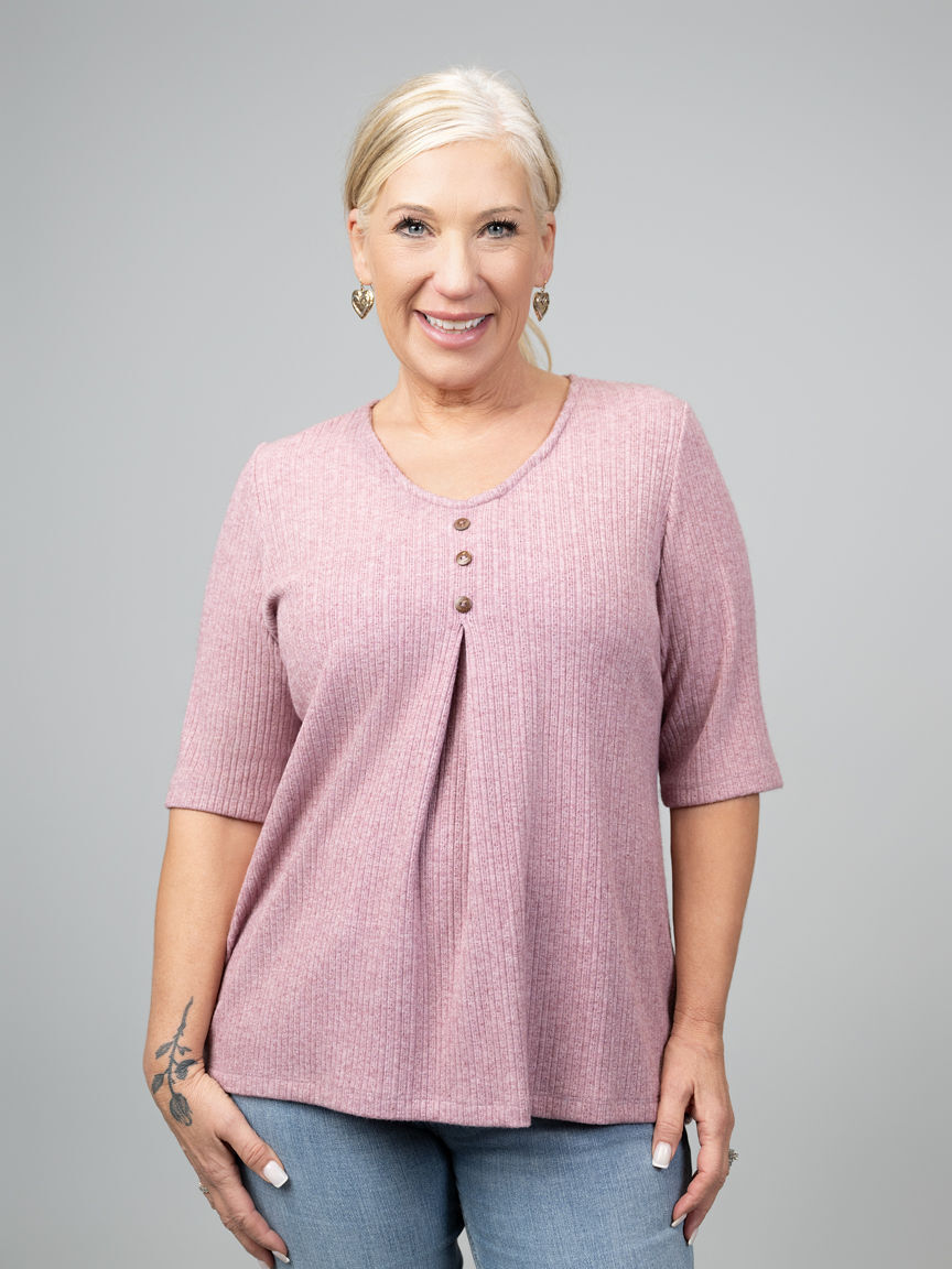 Elbow Sleeve V-Neck Top, Yellow