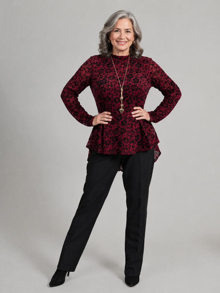 Long Sleeve Floral Burnout High-Low Blouse
