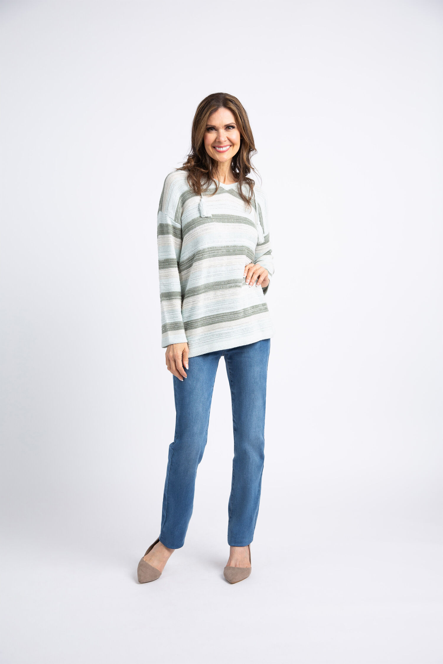 Striped Knit Hoodie w/ Tassels  Image 1