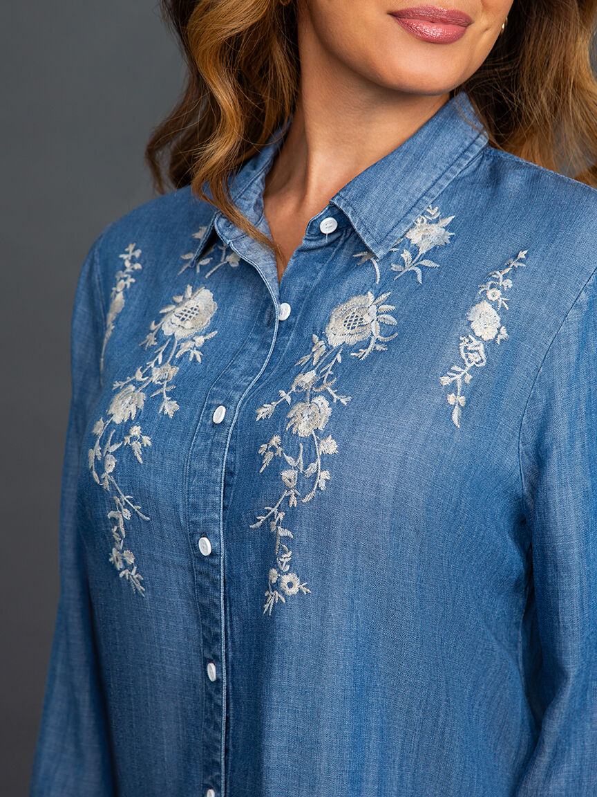 Button Down Tencel Blouse w/ Embroidery Image 5