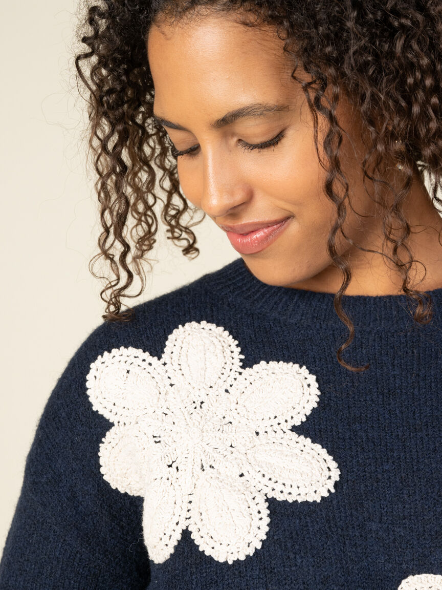 Long Sleeve Sweater with Crochet Flower Details