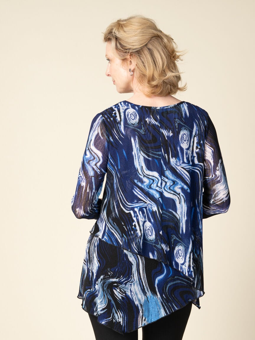 3/4 Sleeve Asymmetrical Hem Printed Mesh Top