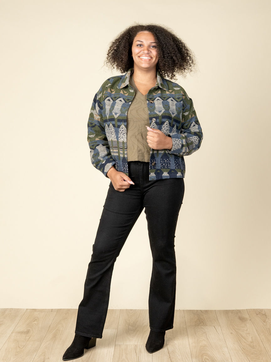 Jacquard Long Sleeve V-Neck Top