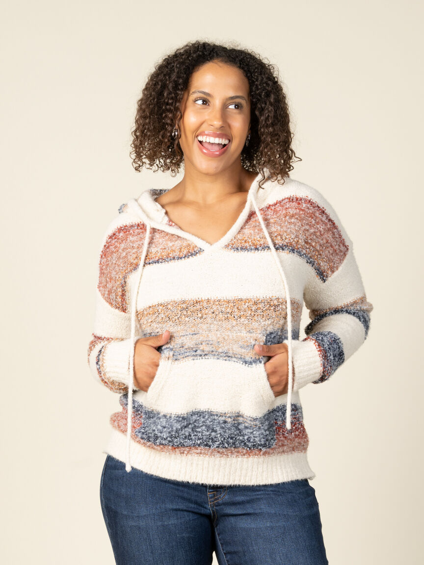 Boucle Knit Long Sleeve Sweater With Hood Image 5