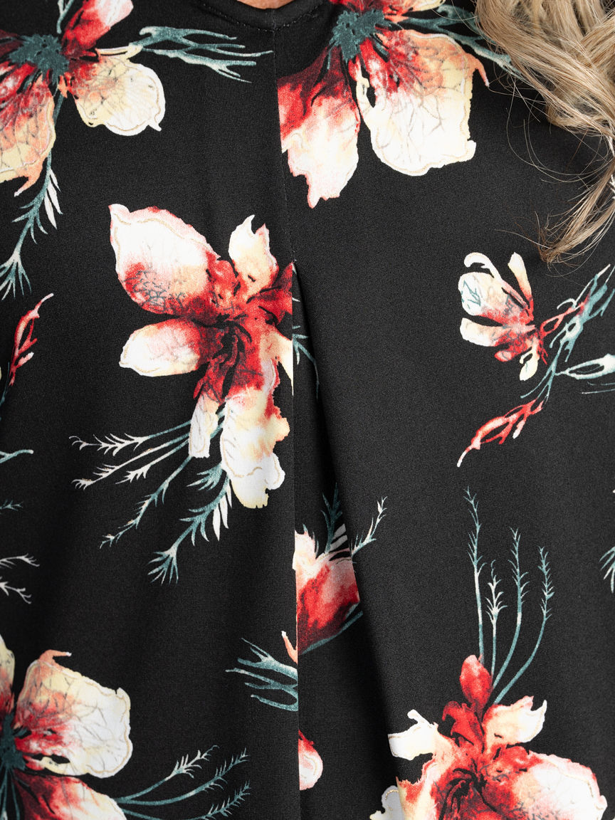 3/4 length Sleev Black Multi Floral V neck Blouse.