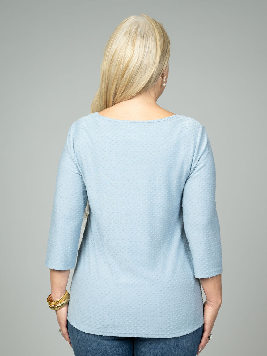 3/4 Sleeve Crew Neck Top With Swiss Dots