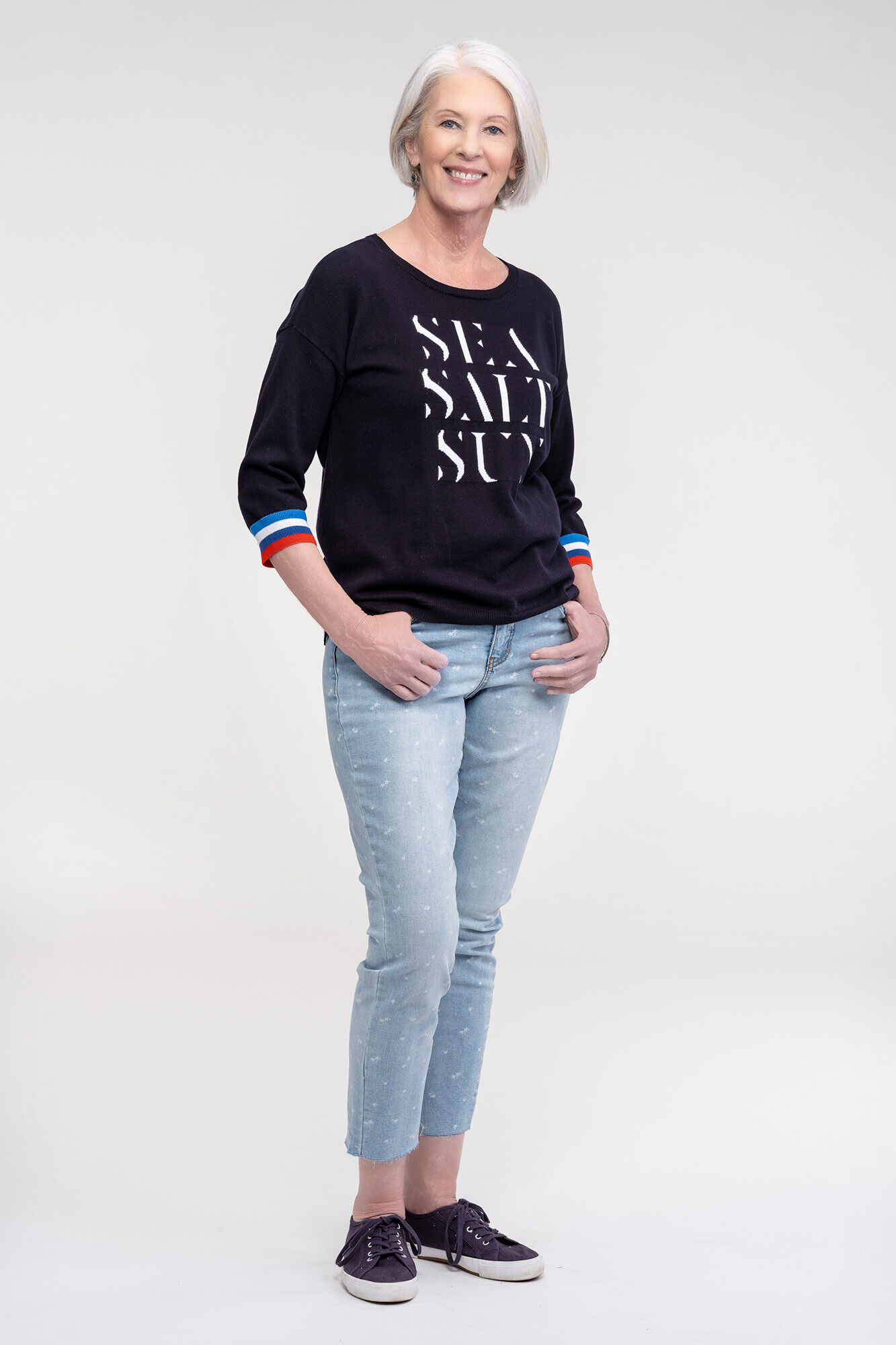 Cotton Crew Neck Sweater 3/4 Sleeves Image 2