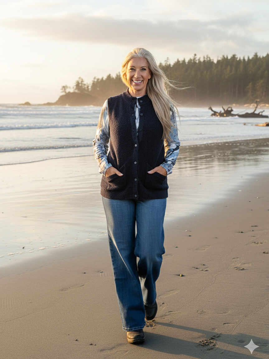 Boucle Button-Up Vest, Navy