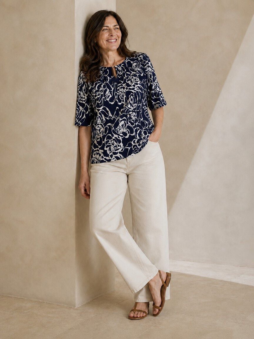 Elbow Sleeve Top With Keyhole Neckline