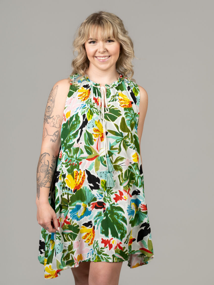 Ruffle Neck Tassel Tie Knee Dress