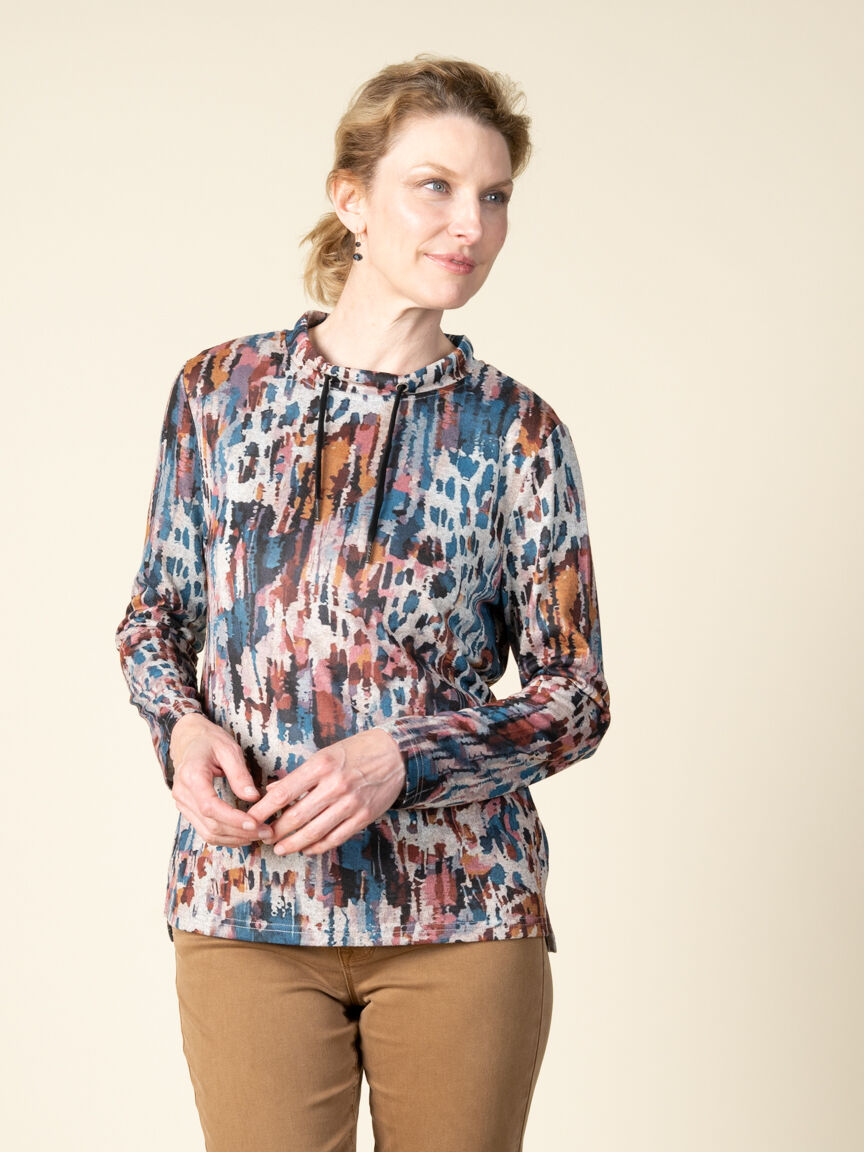 Long Sleeve Patterned Drawstring Top