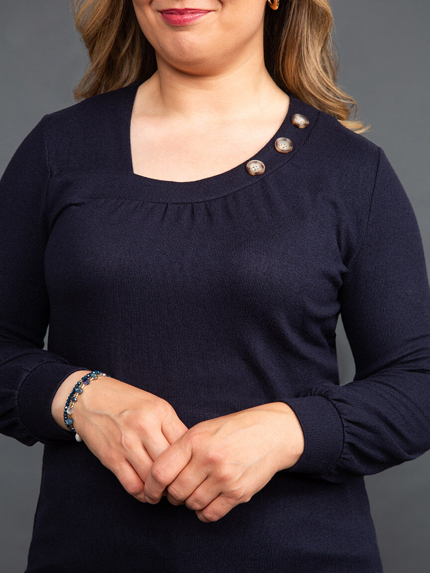 Balloon Sleeve Knit Top w/ Asymmetrical Neckline Image 6