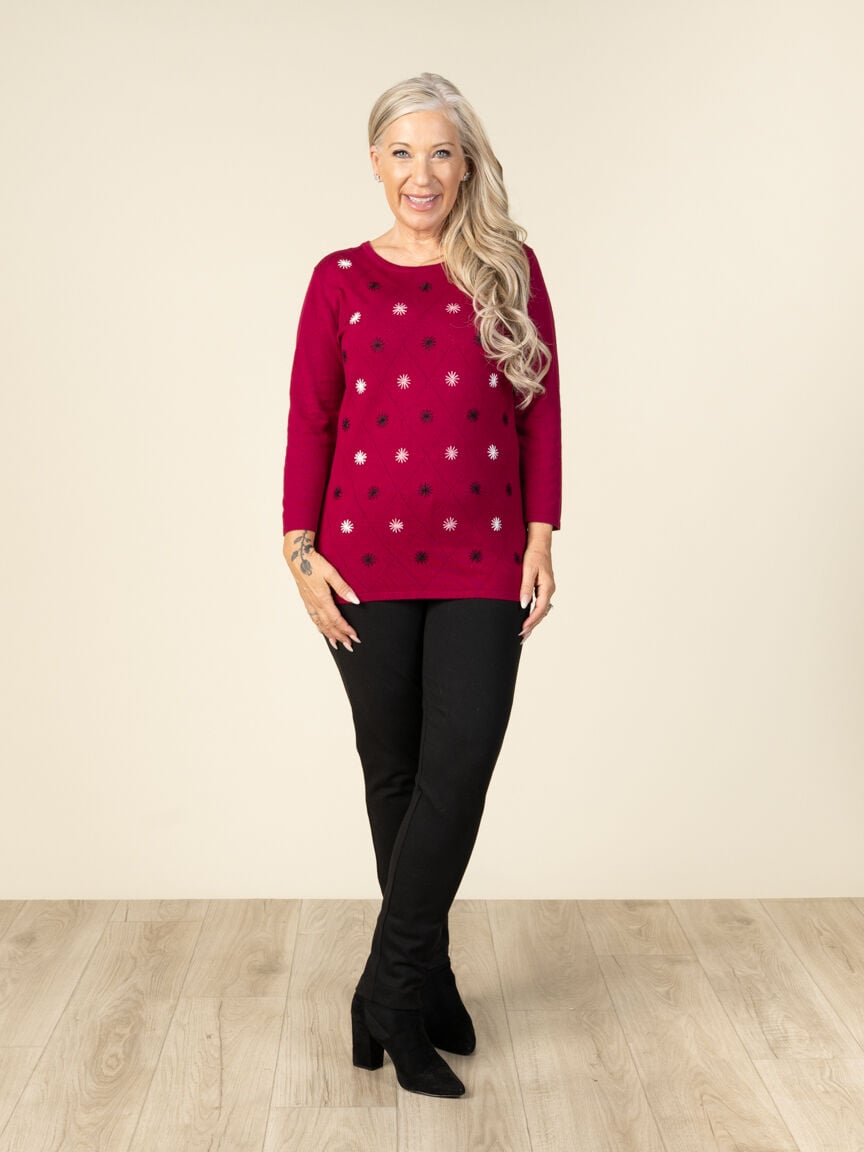 3/4 Sleeve Flower Embroidered Sweater