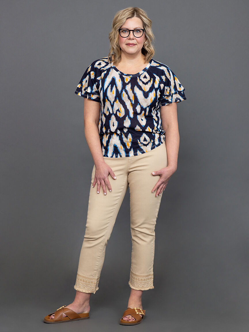 Linen-Blend Ruffle-Sleeve Crew Neck Top 