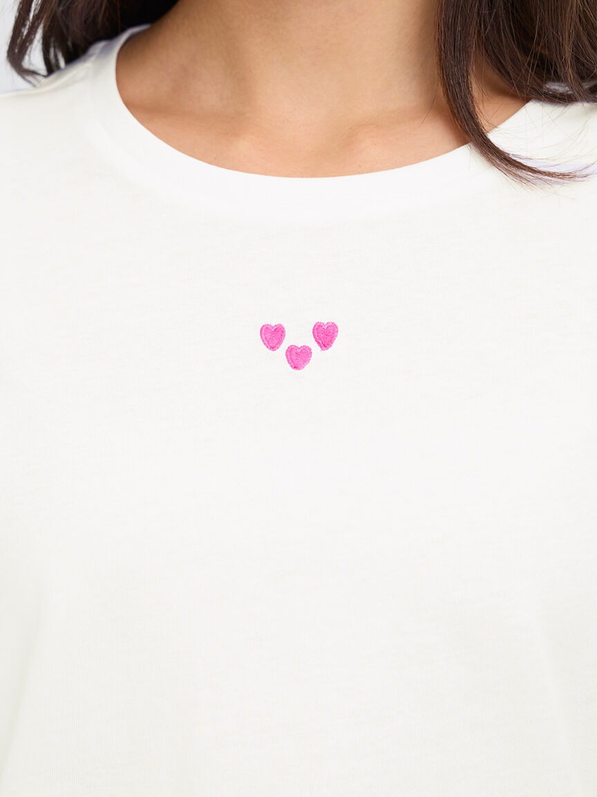 Short Sleeve Cotton T-Shirt With Embroidered Hearts