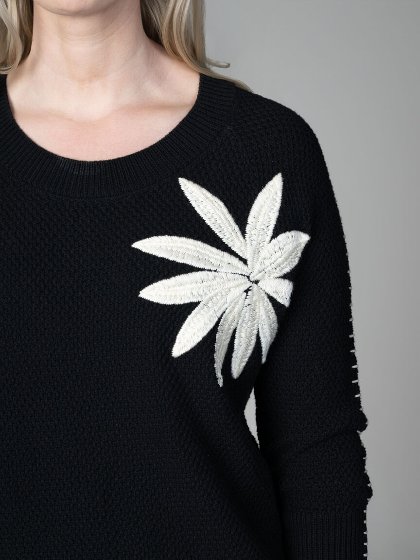 Knit Sweater with Floral Embroidery & Shoulder Stitch Detail
