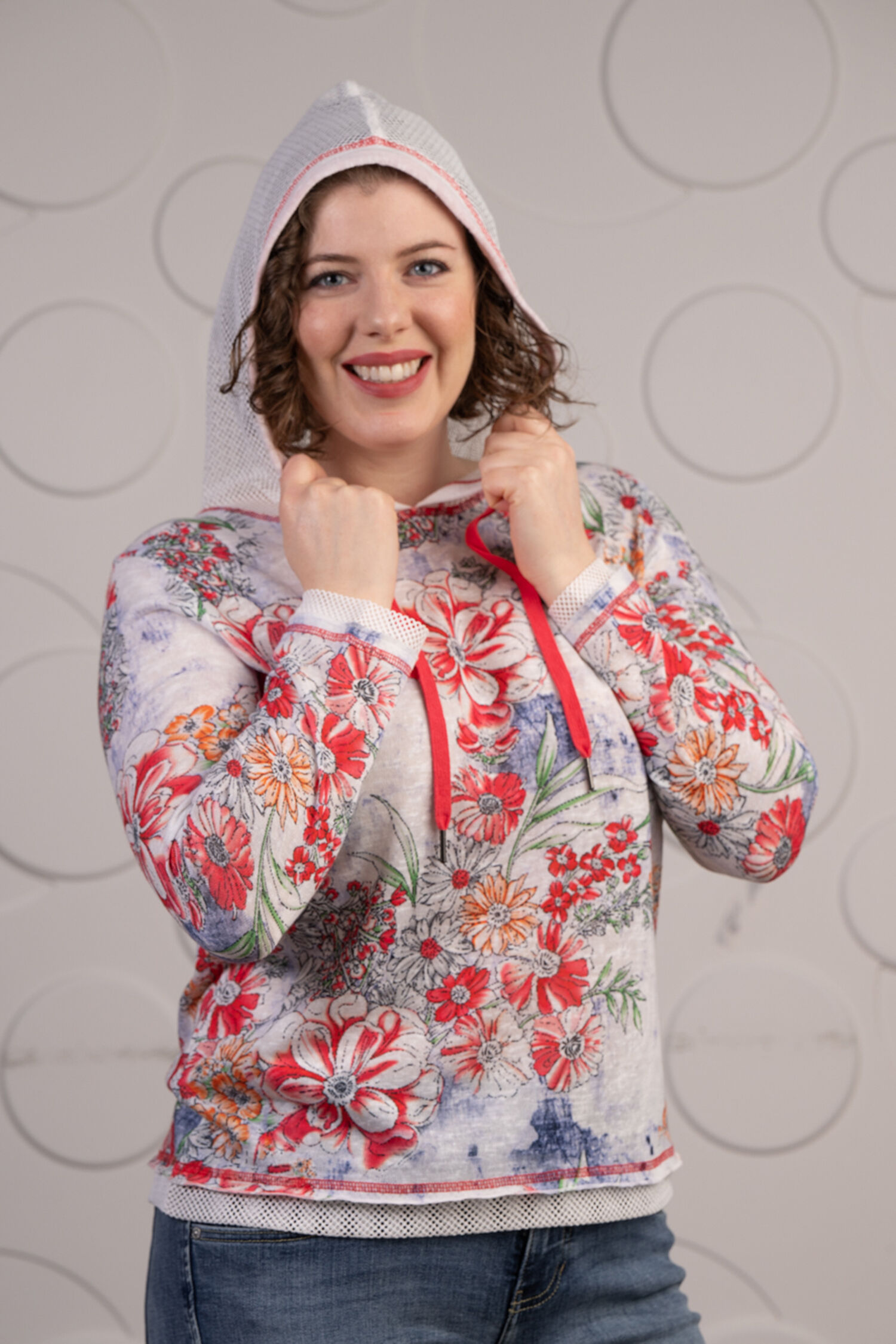 Long Sleeve Floral Knit w/ Mesh Hood & Trim Image 2