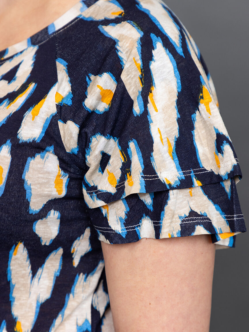 Linen-Blend Ruffle-Sleeve Crew Neck Top 