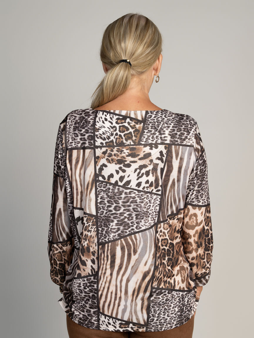 3/4 Sleeve Animal Print Top with Beaded Neckline