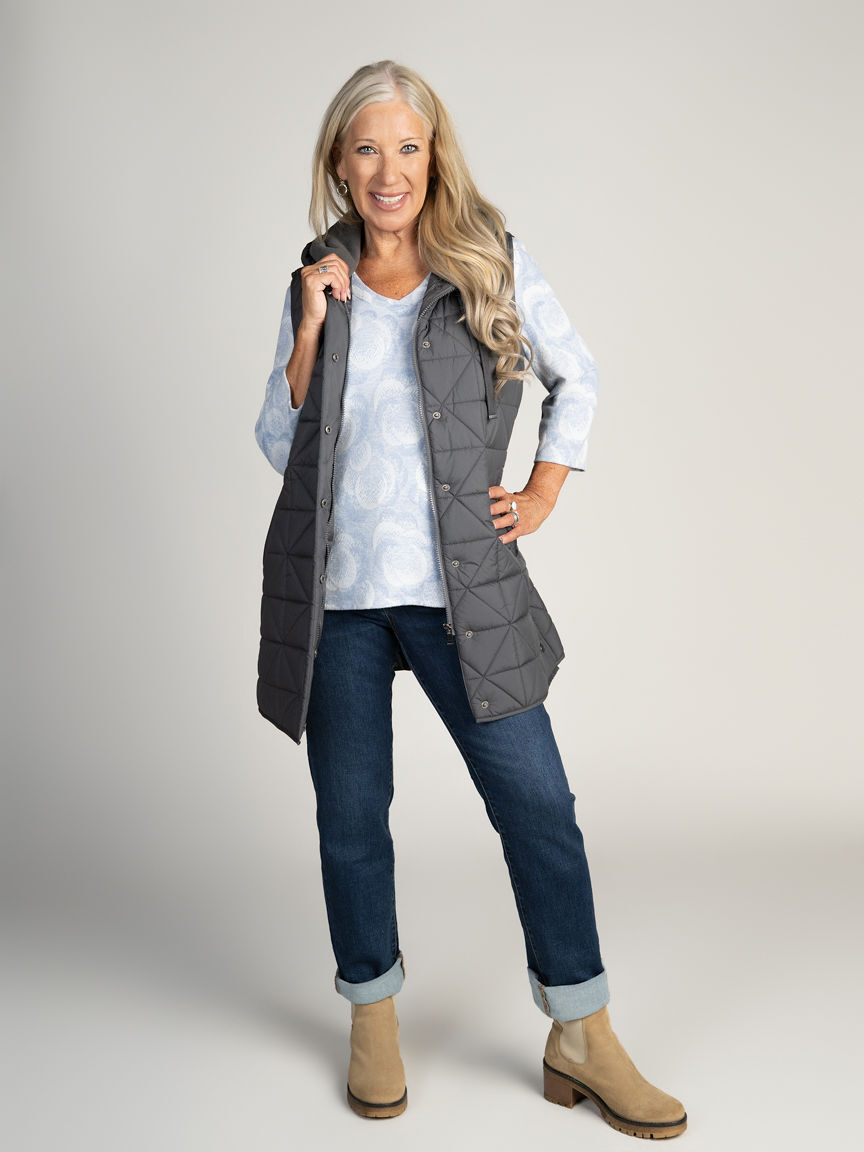 Grey Geometric Quilted Puffer Vest with Hood