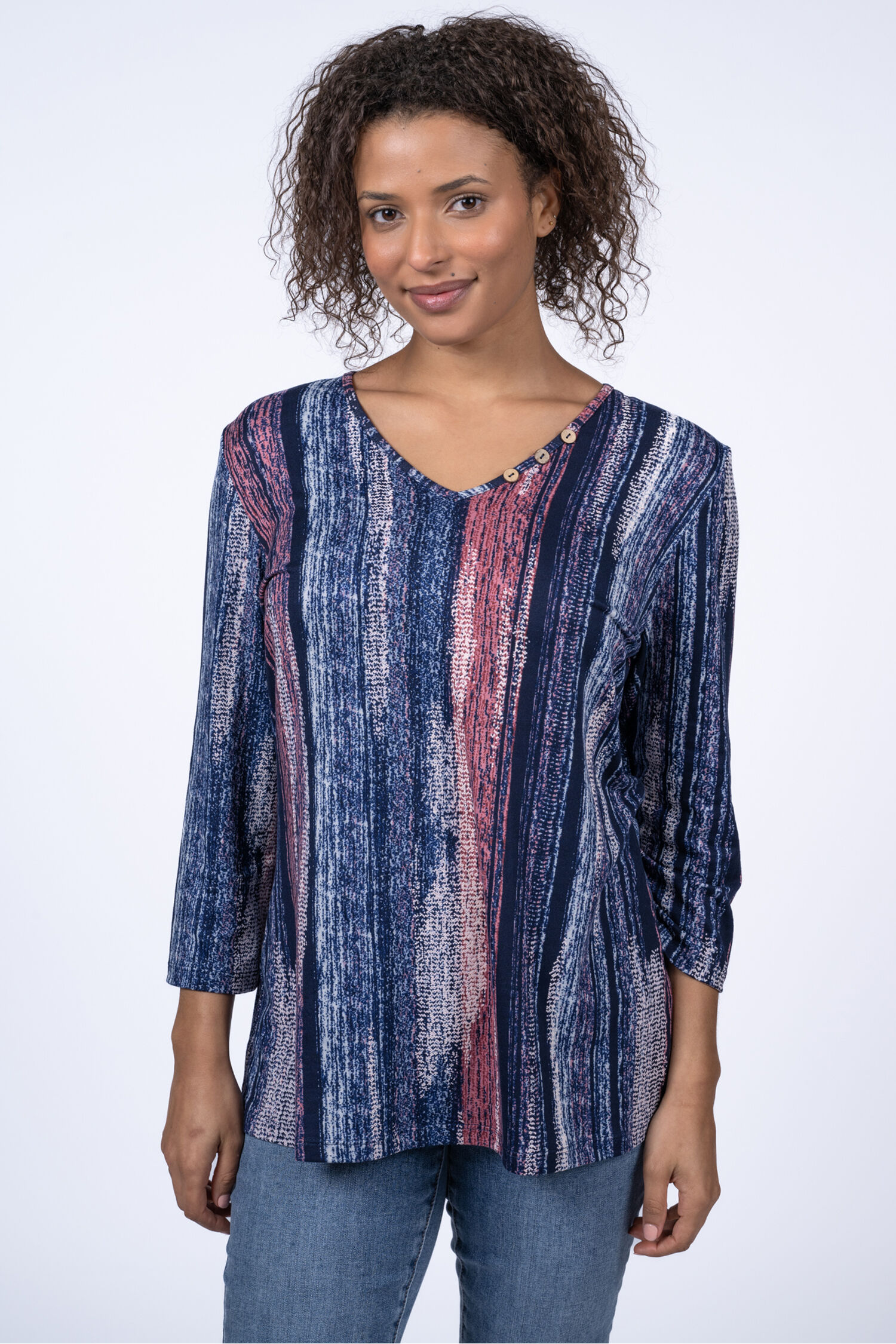 &frac34; Sleeve V-Neck Button Top Image 1