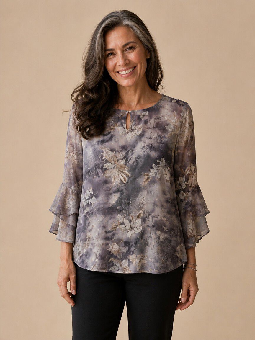 3/4 Sleeve Sheer Overlay Blouse