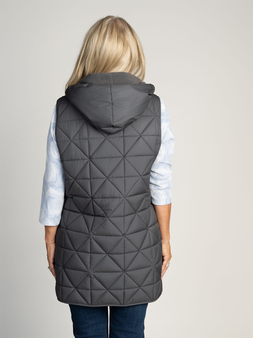 Grey Geometric Quilted Puffer Vest with Hood