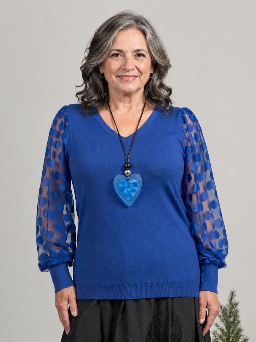 Black V-Neck Sweater w/ Sheer Polka Dot Sleeves