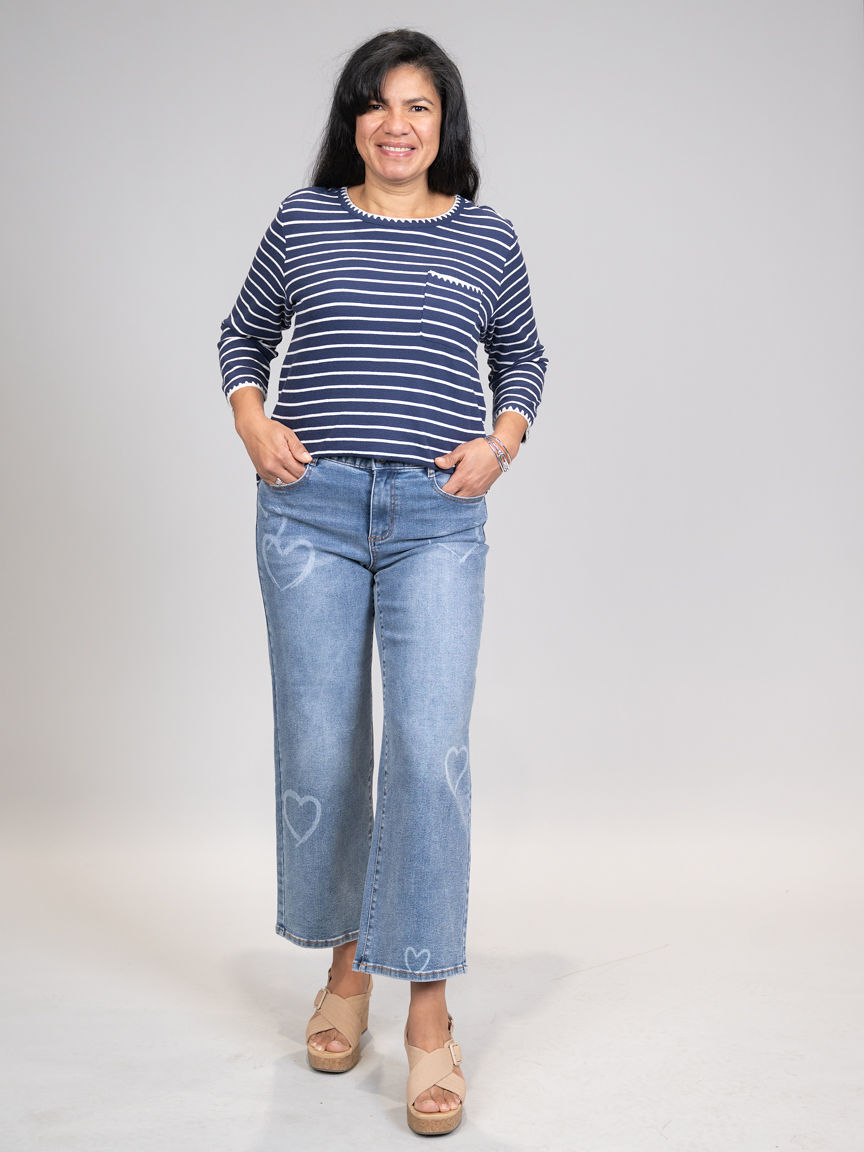 3/4 Sleeve Crew Neck Top With Contrast Detail