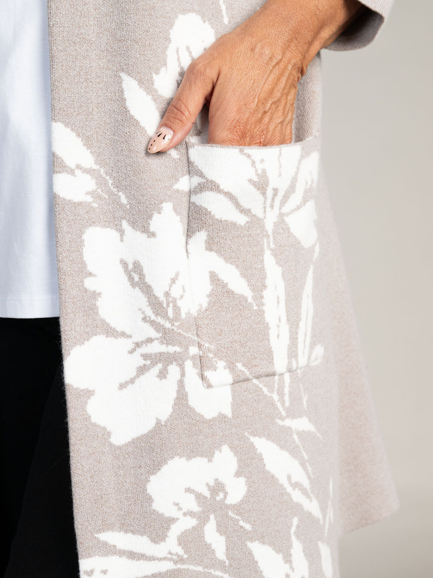 Long Open Front Floral Cardigan