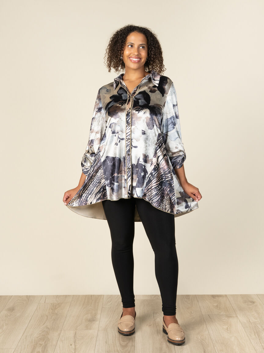 Roll-Tab Button-Up Velour Blouse