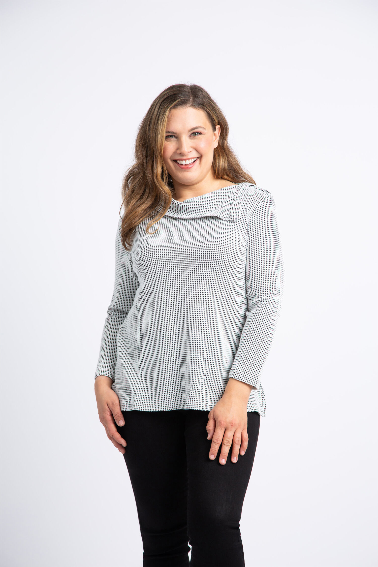 Waffle-Knit Split Neck Top  Image 2