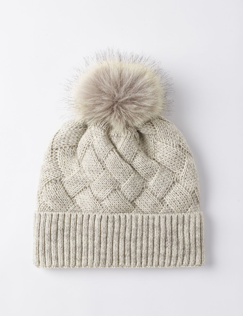Chevron Knit Toque with Fluffy Lining and Pom Pom