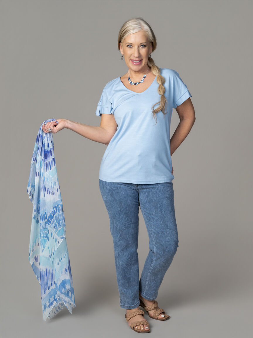 Short Sleeve Top With Roll Tab Accent 