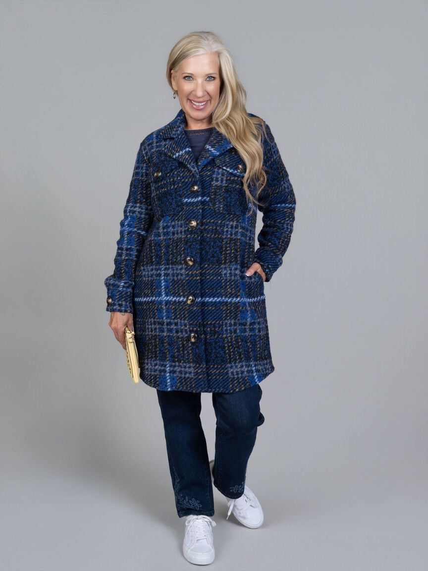 Knit Plaid Notch Collar Shacket