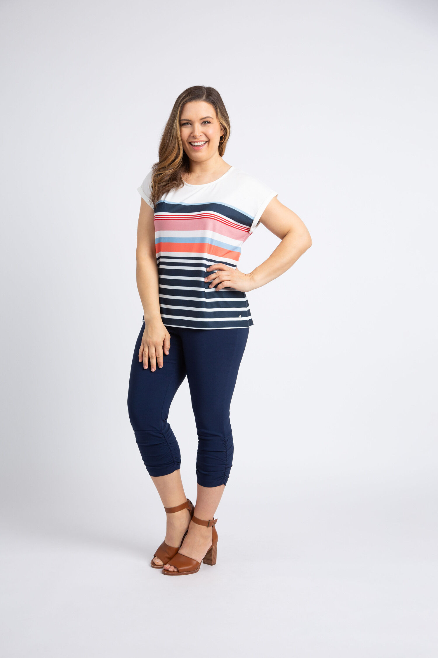 Cap Sleeve Striped Crewneck Top Image 1