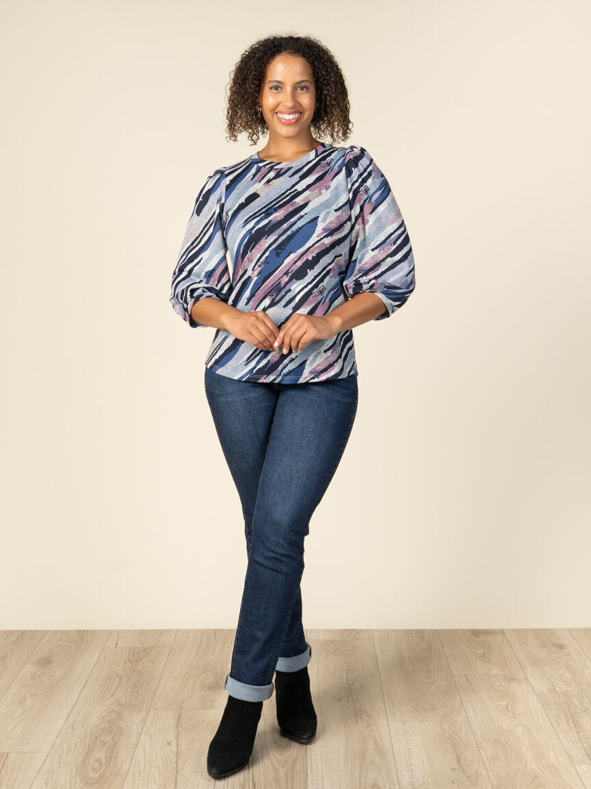 3/4 Sleeve Crew Neck Printed Foil Top Image 5