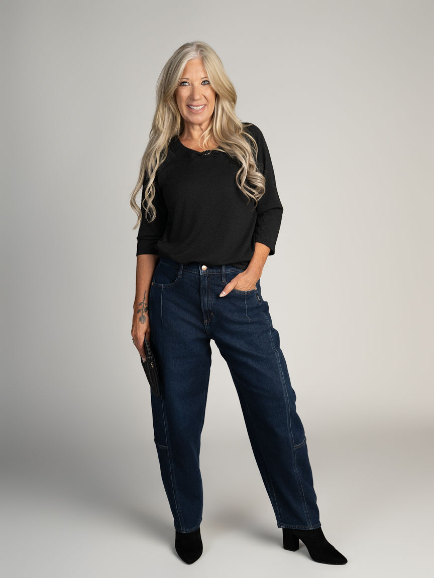3/4 Sleeve Textured Knit top with round neckline and Silver ring