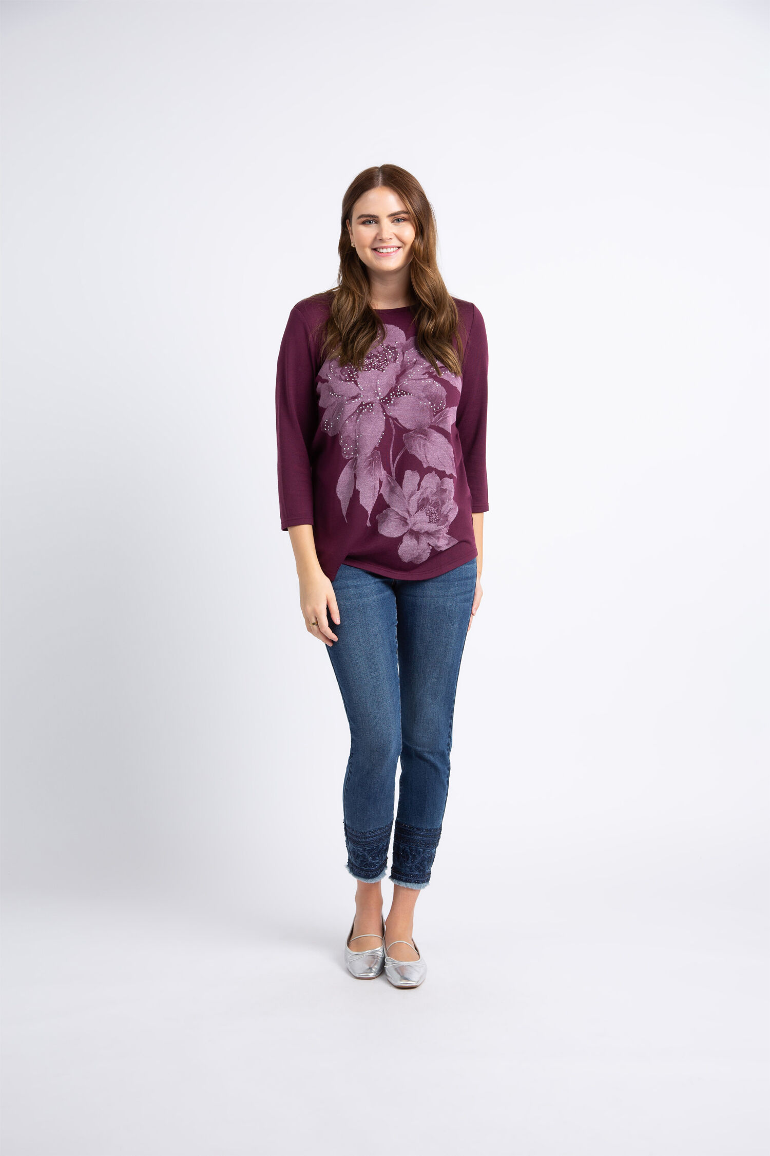 &frac34; Sleeve Flower Print Top  Image 1